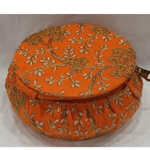 Indian Handmade Potli Bag For Women, Matki Wedding Decor Box - Orange and Gold